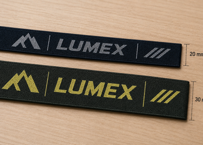 Jacquard elastic headlamp strap webbing in 20 mm and 30 mm widths with woven logos