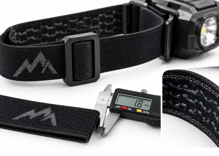 Elastic headlamp strap with adjuster and thickness measurement