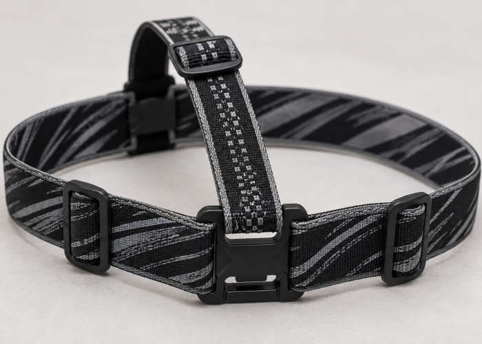Headlamp top and side straps using different width elastic webbing