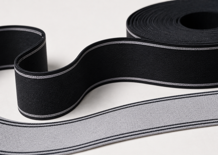 High-stretch elastic waistband webbing shown in black and gray woven constructions.