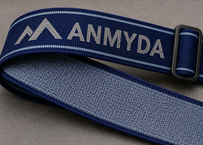 Blue jacquard elastic headlamp strap with soft plush-back skin-facing surface