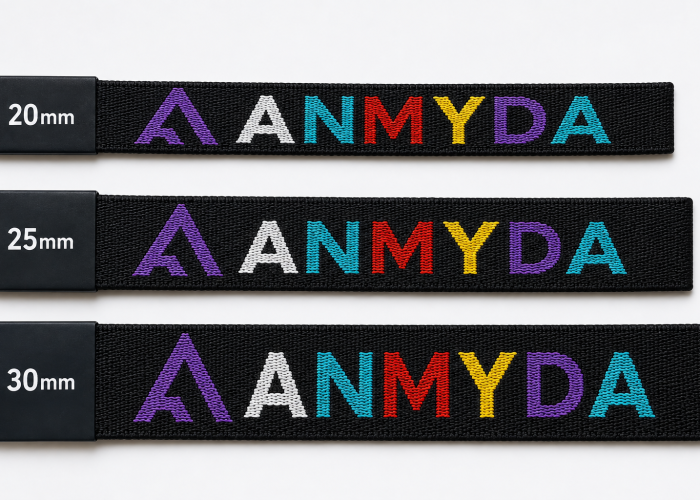 Same multicolor jacquard logo woven on 20 mm, 25 mm, and 30 mm sports bra straps