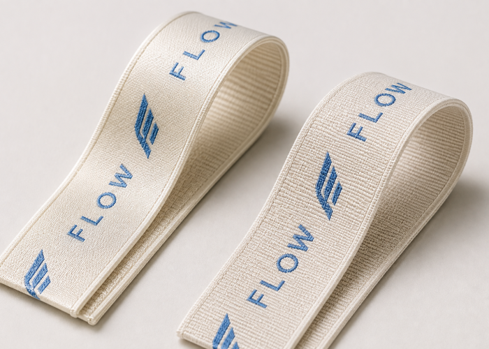 Nylon and polyester sports bra straps with the same blue woven logo showing different surface textures