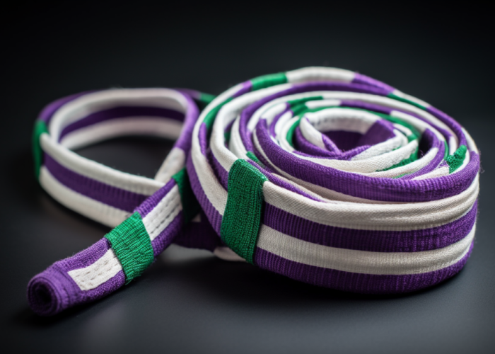 Purple and green-colored tubular strap. jacquard weaving