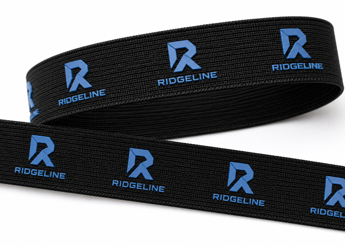 Sure. Since this image shows repeated blue raised silicone logos on black webbing, I’d use: Alt Text: Black webbing with repeated blue silicone logos printed on the surface