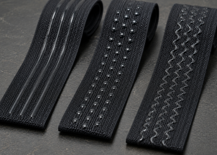 Elastic headlamp strap webbing with different silicone grip patterns