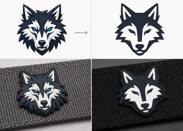 Original detailed silicone logo compared with a simplified production-friendly logo design on woven webbing.