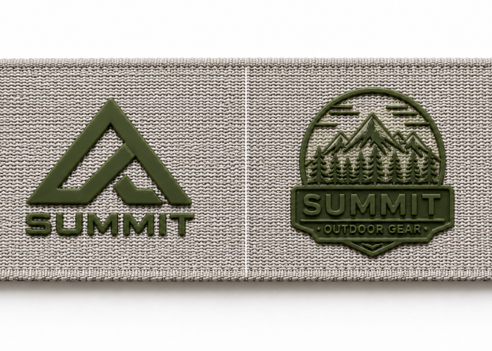 Simple and complex silicone logo designs compared on woven webbing