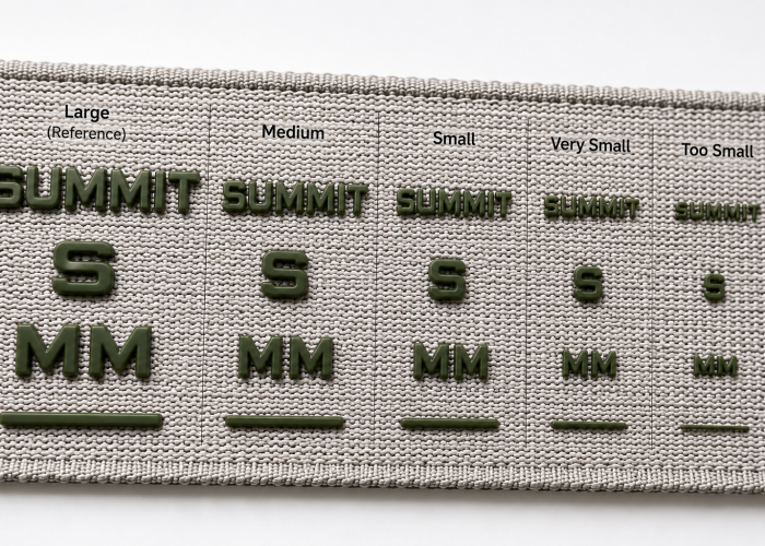 Silicone lettering and line details shown at progressively smaller sizes on webbing