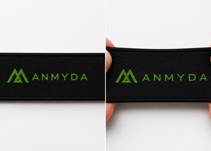 Small woven logo on a sports bra strap shown relaxed and stretched