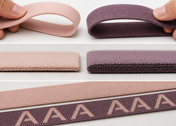 Sports bra elastic straps showing different constructions, thicknesses, and woven logo designs