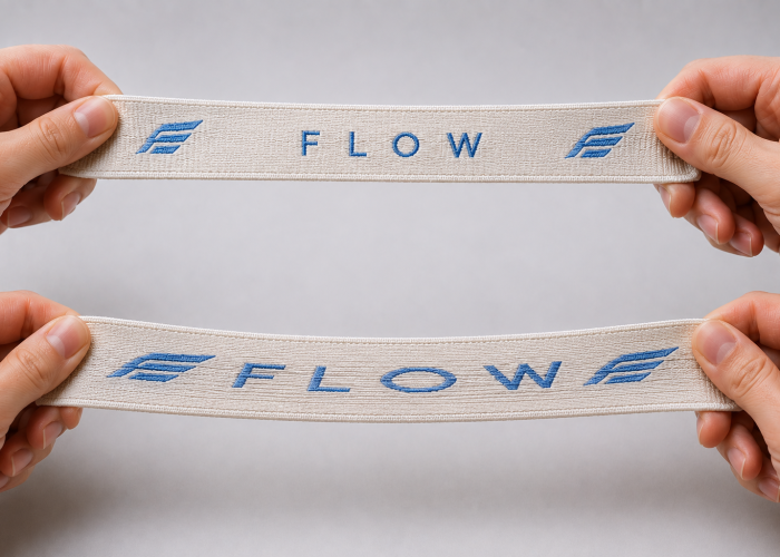 Sports bra elastic straps showing different stretch behaviour and woven logo distortion