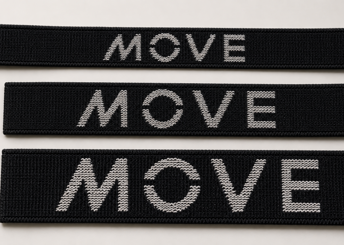 Three black jacquard sports bra straps with the same woven logo at different widths