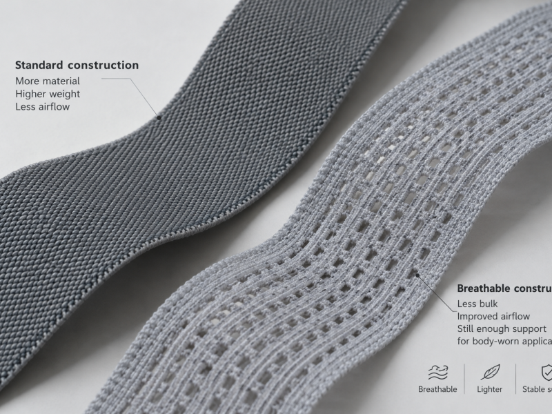 Standard and breathable elastic webbing showing differences in construction, bulk, and airflow