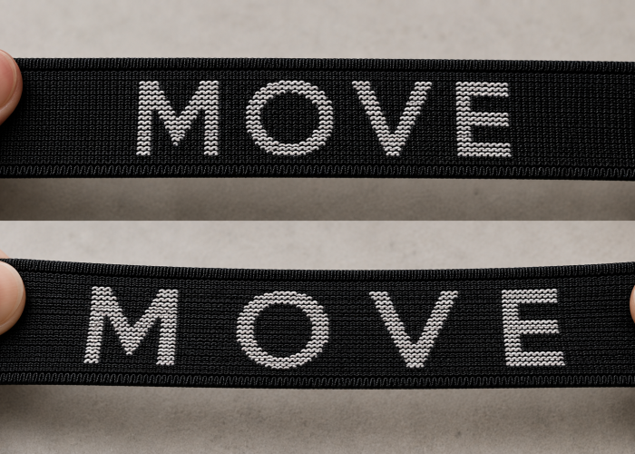 Black jacquard sports bra strap showing the same woven logo relaxed and stretched