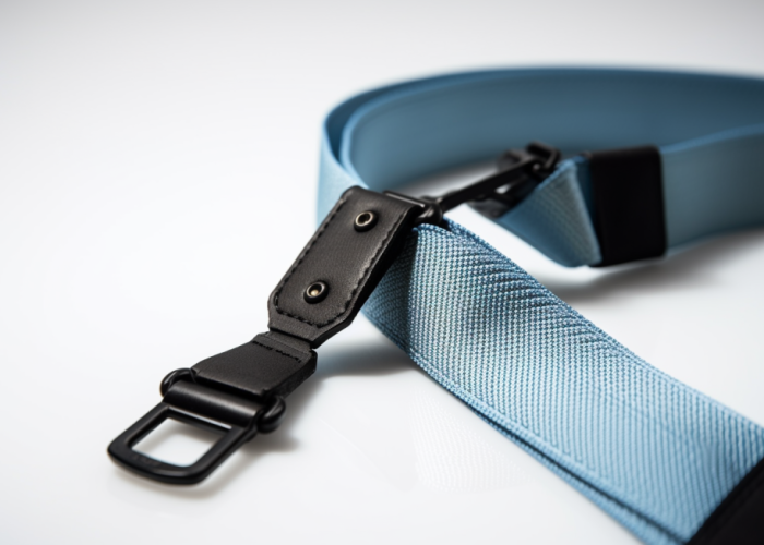 camera strap, blue nylon webbing, black ring