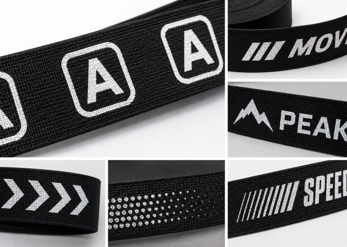 Custom screen printed webbing with white logos, lettering, geometric shapes, and graphic