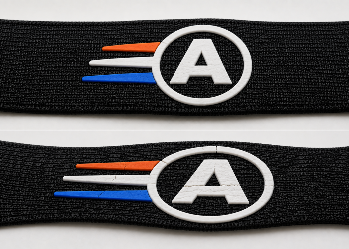 Silicone logo shown intact on relaxed elastic webbing and cracked after the webbing is stretched.