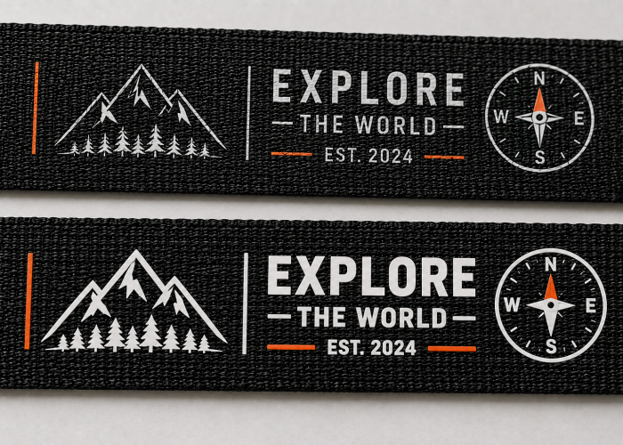Fine and bold screen printed artwork compared on black woven webbing.