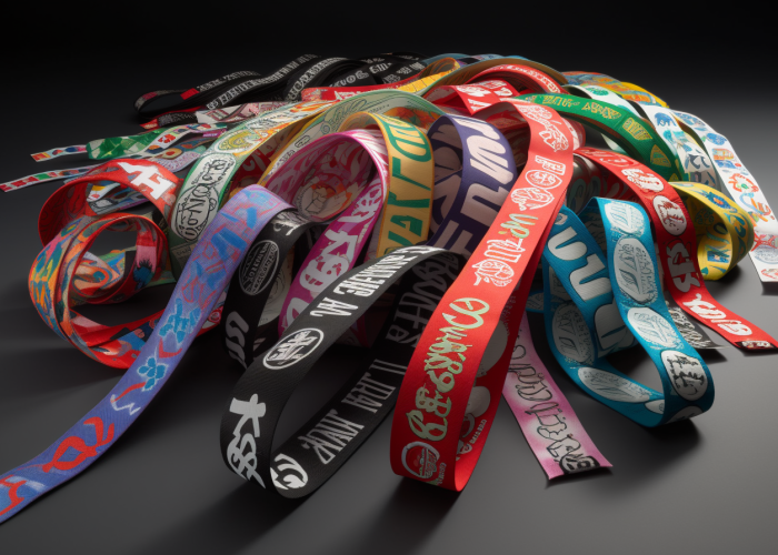 nylon webbing strap unrolled flat. printed logo
