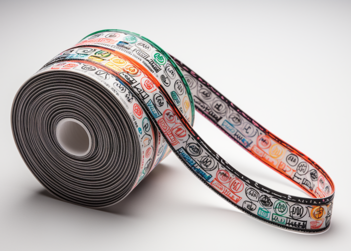 repeating printed logo pattern. webbing rolls