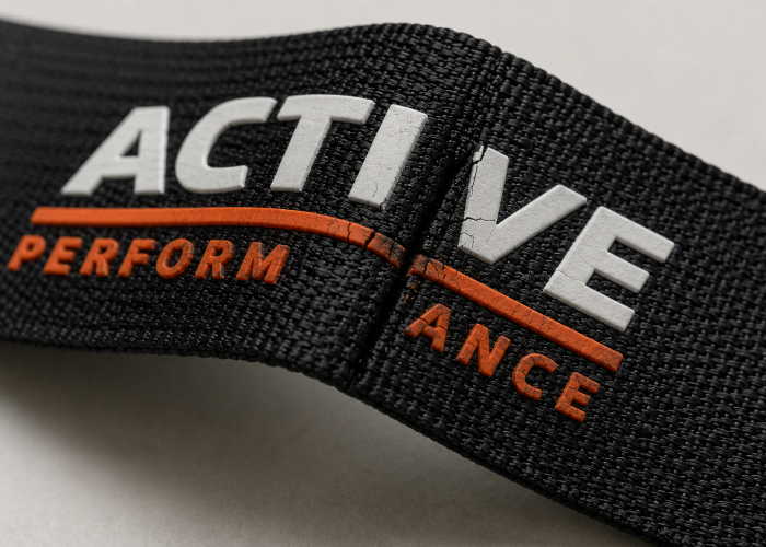Cracked silicone logo at the bending point of black woven webbing.