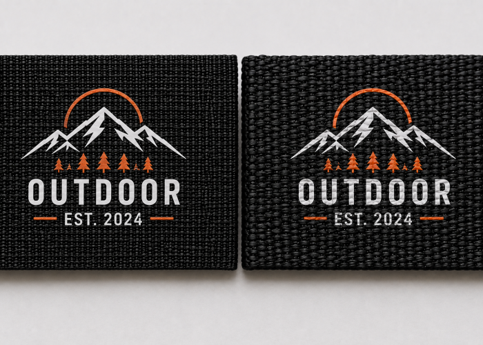 Same detailed screen printed logo compared on fine and coarse black woven webbing