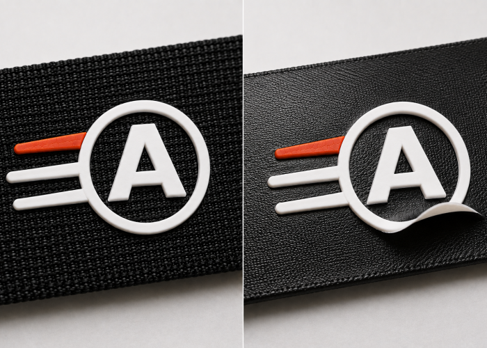 Silicone logo bonded to uncoated webbing compared with logo peeling from coated black webbing.
