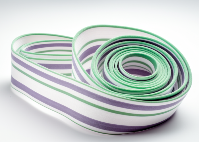 white and green yoga bands with purple stripes. elastic webbing